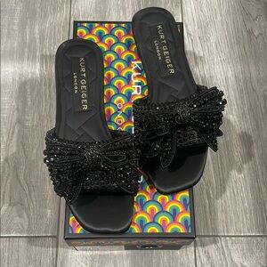 Kurt Geiger Black Slide Sandals with Fluffy Pom-Pom Decoration